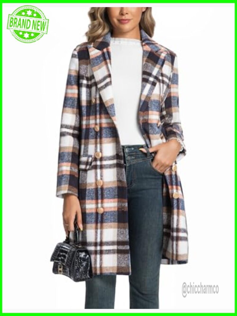 Long Plaid Wool Double Breasted Peacoat Notch Lapel Trench Fall Winter - Picture 2 of 5